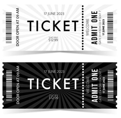 Admission ticket template set. Vector stripe tear-off entrance ticket with abstract line on black and white background. Design template for concert event, musical performance, exhibition, show