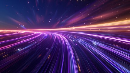 Fototapeta na wymiar Abstract image illustrating a radiant stream of purple and orange light lines that give the impression of high-speed movement through a star-filled cosmic sky.