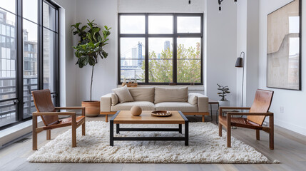 Fototapeta premium Scandinavian-inspired living room with natural materials. Light oak sofa, leather chairs, wooden table. Minimalist coffee table, industrial touch. Floor-to-ceiling window for natural light.