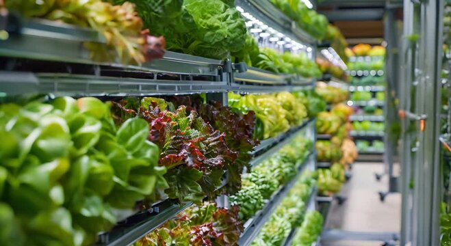 Variety of fresh lettuce and greens on grocery store shelves, providing healthy options for shoppers and supporting local hydroponic farms.
