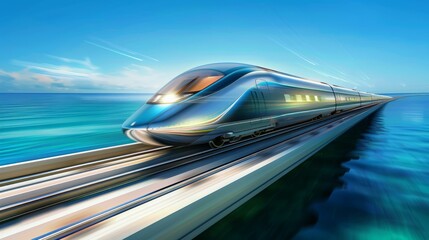 Fototapeta premium Futuristic high-speed train crossing a coastal bridge with a dynamic, motion-blurred background.