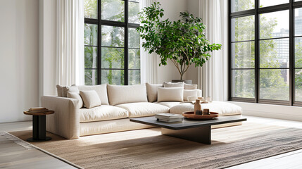 Minimalist living room with neutral colors, natural accents. Beige sofa on sisal rug, sleek coffee table. Floor-to-ceiling windows, potted plant for greenery. Serene, inviting atmosphere.