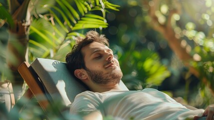 A relaxed man napping on a lounger in a tropical garden, bathed in soft sunlight filtering through lush foliage.