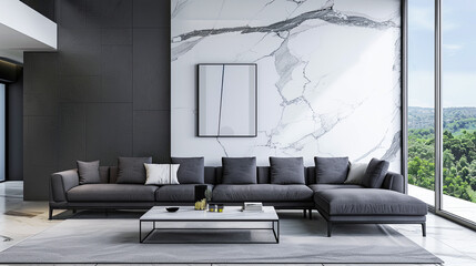 Minimalist living room with clean lines and understated elegance. Charcoal gray sofa against white marble wall, modern coffee table, floor-to-ceiling windows blur indoor/outdoor boundaries