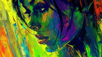 Abstract colorful painting of a beautiful woman in the style of portrait, brush strokes, vibrant colors, in a digital art style