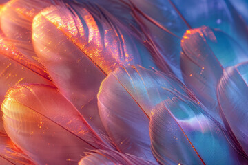 A pattern of holographic feathers, each reflecting light in a unique spectrum of colors,