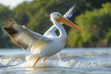White Pelican sufing on water wings wide spread on the water