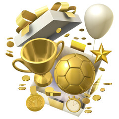 A gift box bursts open revealing a golden football or soccer ball accompanied by a shining trophy cup and a gold medal, symbolizing a hard-earned victory in a soccer sport competition. 3D render