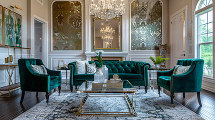 Opulent Hollywood Regency living room with luxe finishes. Emerald velvet sofa, armchairs, mirrored...