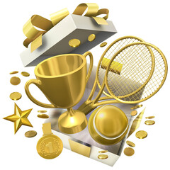 A gift box bursts open revealing a golden tennis ball and a pair of rackets accompanied by a shining trophy cup and a gold medal, symbolizing a hard-earned victory in a sport competition. 3D render