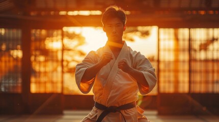 A man practicing martial arts in a dojo, mastering discipline and self-defense skills while staying active and fit. - obrazy, fototapety, plakaty