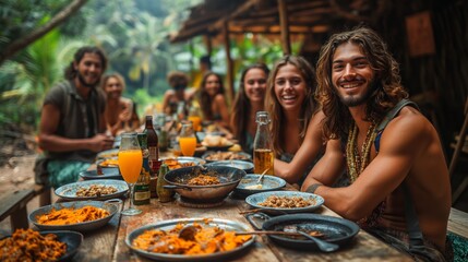 Joyful backpackers sharing a meal with local villagers in an Asian countryside, forging connections and memories on their summer journey.
