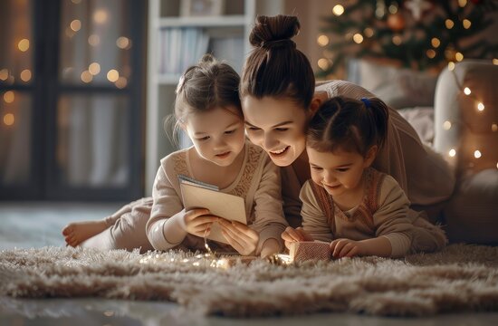 We love you. Smiling young woman getting presents from kids. Two cute twin daughters giving mom handmade greeting card. Little children lying on floor, hugging mommy and wishing her Happy Mother's Day