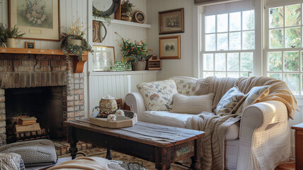 A cozy cottage-style living room with vintage charm, floral sofa, brick fireplace, knit throws, and...