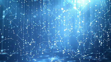 An illustration of digital rain, with dots connected by light streaks falling against a dynamic...