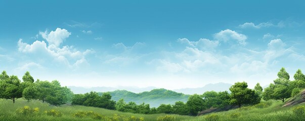 A lush green forest landscape with mountains in the distance and a blue sky with white clouds.