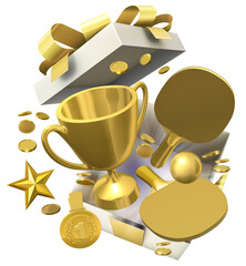 A gift box bursts open revealing a golden table tennis ball and two paddles accompanied by a shining trophy cup and a gold medal, symbolizing a hard-earned victory in a sport competition. 3D render