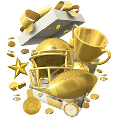 A gift box bursts open, revealing a golden football helmet and ball accompanied by a shining trophy cup and a gold medal, symbolizing a glorious win in an American football championship. 3D render