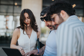 A multicultural team of various ages engaged in a business meeting, analyzing statistics and brainstorming ideas to enhance efficiency and success.