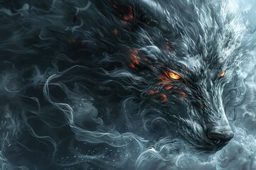 A fierce wolf with glowing eyes and fur flowing like smoke - obrazy, fototapety, plakaty