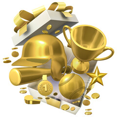 A gift box bursts open revealing a golden baseball bat, helmet and ball accompanied by a shining trophy cup and a gold medal, symbolizing a glorious win in a baseball sport competition. 3D render