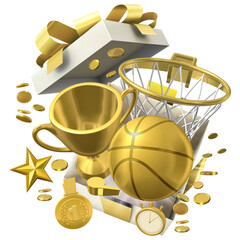 A gift box bursts open revealing a golden basketball hoop and ball accompanied by a shining trophy cup and a gold medal, symbolizing a hard-earned victory in a basketball sport competition. 3D render