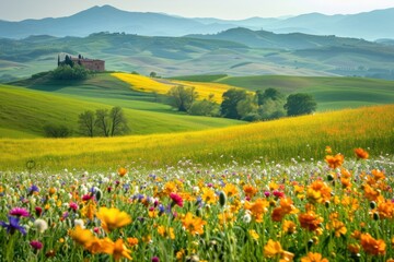 Obraz premium Empty scene of spring flower fields landscape grassland outdoors.