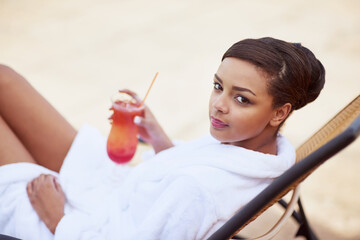 Woman, portrait and bathrobe with cocktail at spa accommodation or resort relax, vacation or...