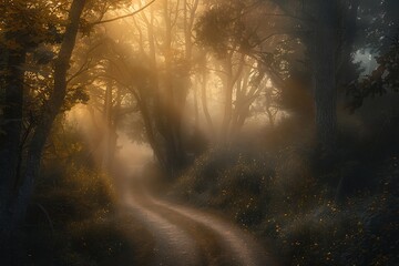 Mystic forest path shrouded in a light fog at sunrise, with sunlight filtering through the trees, creating an ethereal atmosphere in a long exposure photograph.