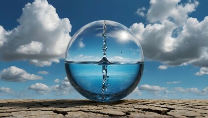 A sphere shaped like a drought, with the lower part resembling water, a dripping drop falls from the sphere, set against a blue sky with white clouds, surrealism art