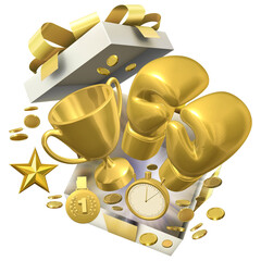 A gift box bursts open revealing a golden pair of boxing gloves accompanied by a shining trophy cup and a gold medal, symbolizing a hard-earned victory in a boxing fight competition. 3D render