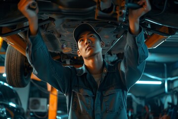 Naklejka premium Male car mechanic worker using wrench tool for maintenance and repair under car in garage