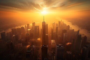 Panoramic cityscape bathed in the golden hues of sunrise, showcasing the interplay of long shadows stretching across towering skyscrapers in a wide-angle capture.
