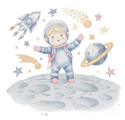 Cosmonaut watercolor illustration. Hand drawn Astronaut in a Space with spaceship, planet and stars on isolated background. Drawing of Spaceman for Baby shower greeting cards or birthday invitation.