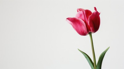 A striking pink tulip stands out against a pristine white backdrop elegantly displayed as a freshly cut floral arrangement