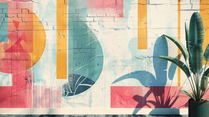 A vibrant, abstract mural on a wall with plant shadows adding depth