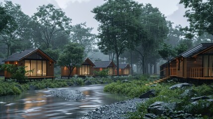 Fototapeta premium A captivating setting portraying a row of contemporary wooden cottages topped with black roofs, nestled amid lush forests in a humid and rainy atmosphere with fog