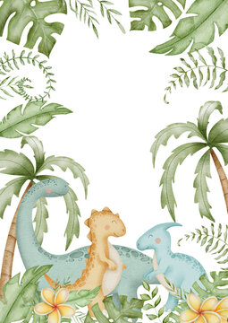 Watercolor Frame with Dinosaurs. Illustration with Dino and palm leaves for Baby shower greeting cards or birthday invitations. Template for childish nursery posters with cute animals. Border for kids