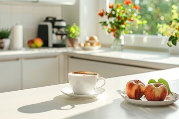 Obraz premium Bright modern kitchen morning coffee scene with copy space on white table for summer breakfast