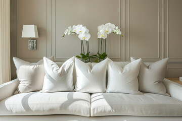 Grey sofa with white pillows near beige wall.