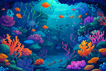 Colorful cartoon underwater background with sea creatures, coral reefs and ocean plants.