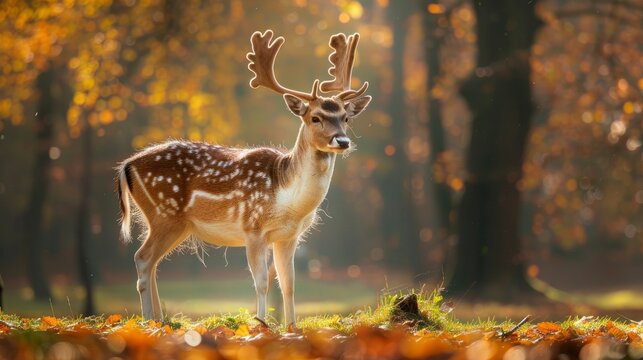 A majestic fallow deer standing tall in the forest, its antlers glistening under sunlight, with green grass and autumn leaves in the background