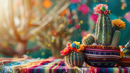 Fototapeta premium A festive scene featuring a collection of cacti adorned with bright ribbons and tiny maracas, positioned on a traditional Mexican serape cloth with festive decor elements in the ba