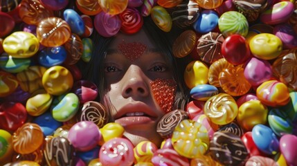A mesmerizing composition showcasing an obscured face obscured by a delightful assortment of candy and bonbons