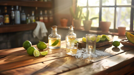 A sophisticated display of different aged tequila bottles, shot glasses, and fresh limes, arranged on a wooden bar top with salt scattered around, inviting a celebratory toast. , n