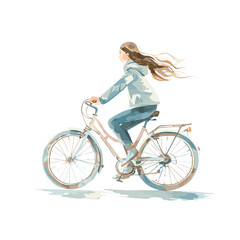 Obraz premium Watercolor illustration of a beautiful girl riding a bicycle, vector