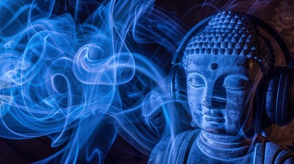 A mesmerizing photo featuring a Buddha sculpture adorned with headphones