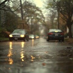 Fototapeta premium Suburban street viewed through rainy windshield