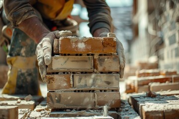 Skilled bricklayer meticulously placing bricks at construction site for industrial project - obrazy, fototapety, plakaty