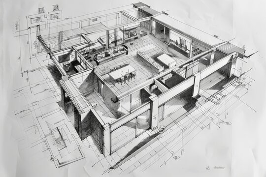 Architectural drawing of a modern designer house with detailed floor plan available for purchase
